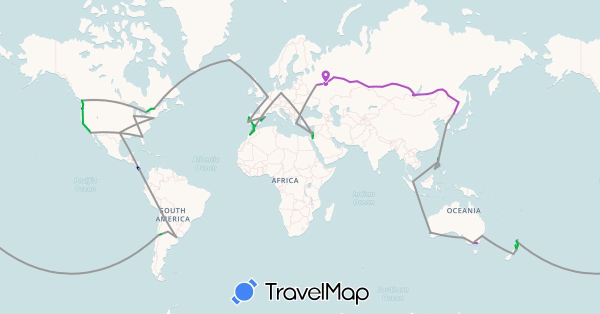 TravelMap itinerary: driving, bus, plane, train, boat in Argentina, Australia, Belgium, Canada, Chile, Costa Rica, Germany, Spain, Greece, Israel, Iceland, South Korea, Morocco, New Zealand, Philippines, Portugal, Russia, Singapore, United States (Africa, Asia, Europe, North America, Oceania, South America)